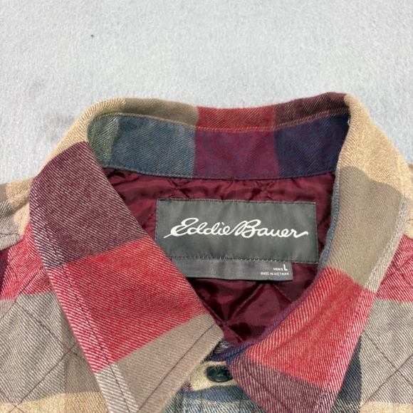 Eddie Bauer Flannel Shirt Mens Large Red‎ Plaid Quilted Shacket Outdoor Lined - Picture 4 of 14